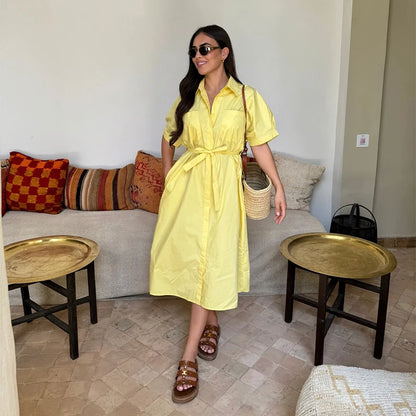 Casual Women's Lace Up Dress Single-Breasted Turn-Down Collar Short Sleeve Lady Dresses 2025 Spring Summer Loose Female Robe