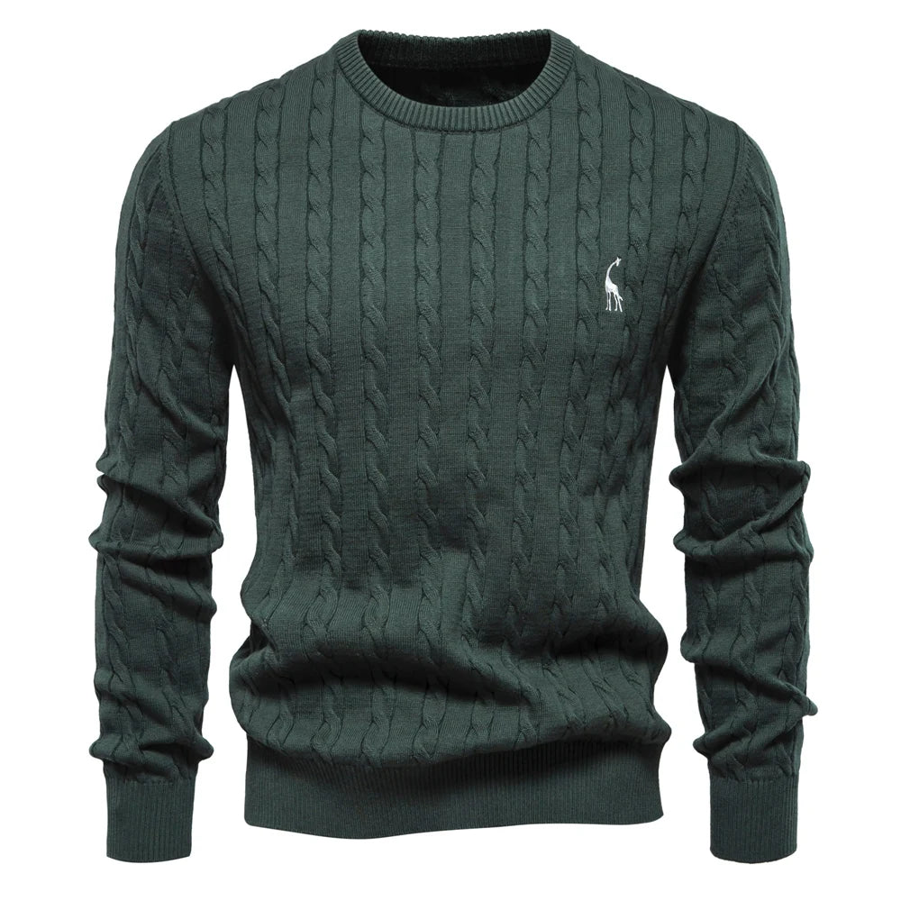 AIOPESON Mens Giraffe Embroidery Cotton Sweaters Round Neck Classic Twist Patterned Pullover Knitted Sweater for Men