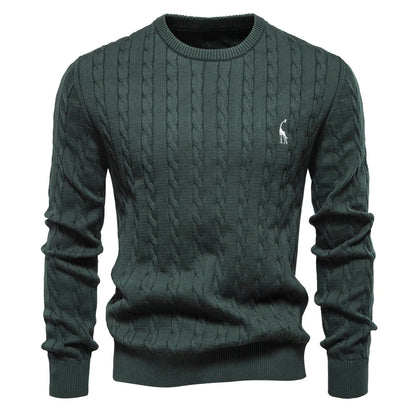 AIOPESON Mens Giraffe Embroidery Cotton Sweaters Round Neck Classic Twist Patterned Pullover Knitted Sweater for Men