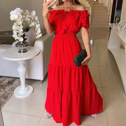Spring Summer Women's New Dress, Women's Fashion Temperament, Ruffle Edge One Neck Short Sleeved Bubble Sleeve Dress