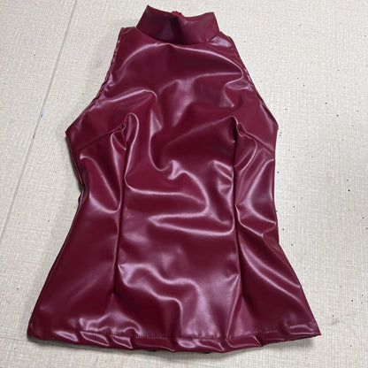 Fashion PU Leather Mini Dress Women Elegant Stand Collar Bodycon Short Party Dress Female Sexy Slim Sleeveless Evening Vestidos