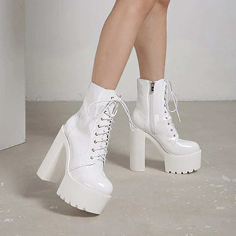 Ankle Boots Round Toe Block High Heel 14cm Platform Zipper Lace Up Plus Size 35-43 Party Booty Solid Platform Boots Ladies Shoes