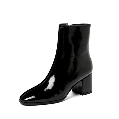 HypeHub Women's Patent Leather Ankle Boots – Black Zipper, Square Heel