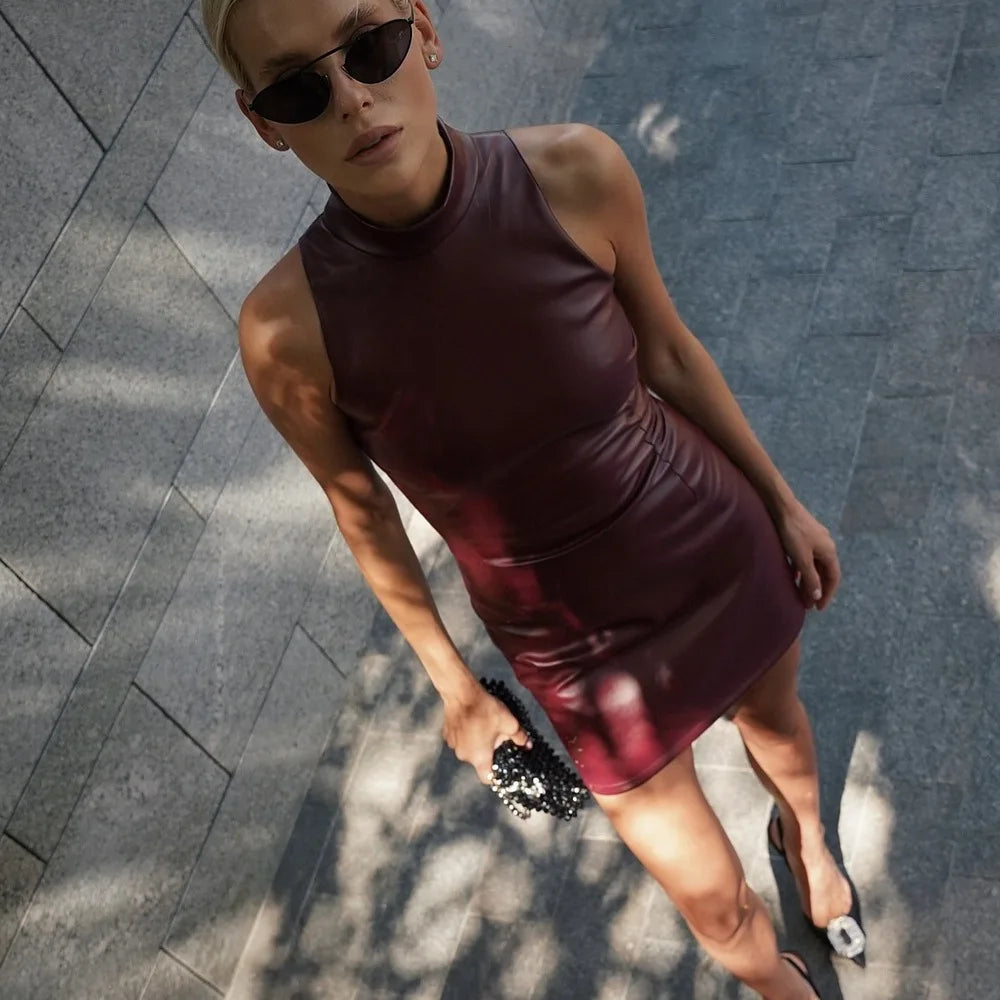 Fashion PU Leather Mini Dress Women Elegant Stand Collar Bodycon Short Party Dress Female Sexy Slim Sleeveless Evening Vestidos