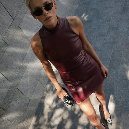 Fashion PU Leather Mini Dress Women Elegant Stand Collar Bodycon Short Party Dress Female Sexy Slim Sleeveless Evening Vestidos