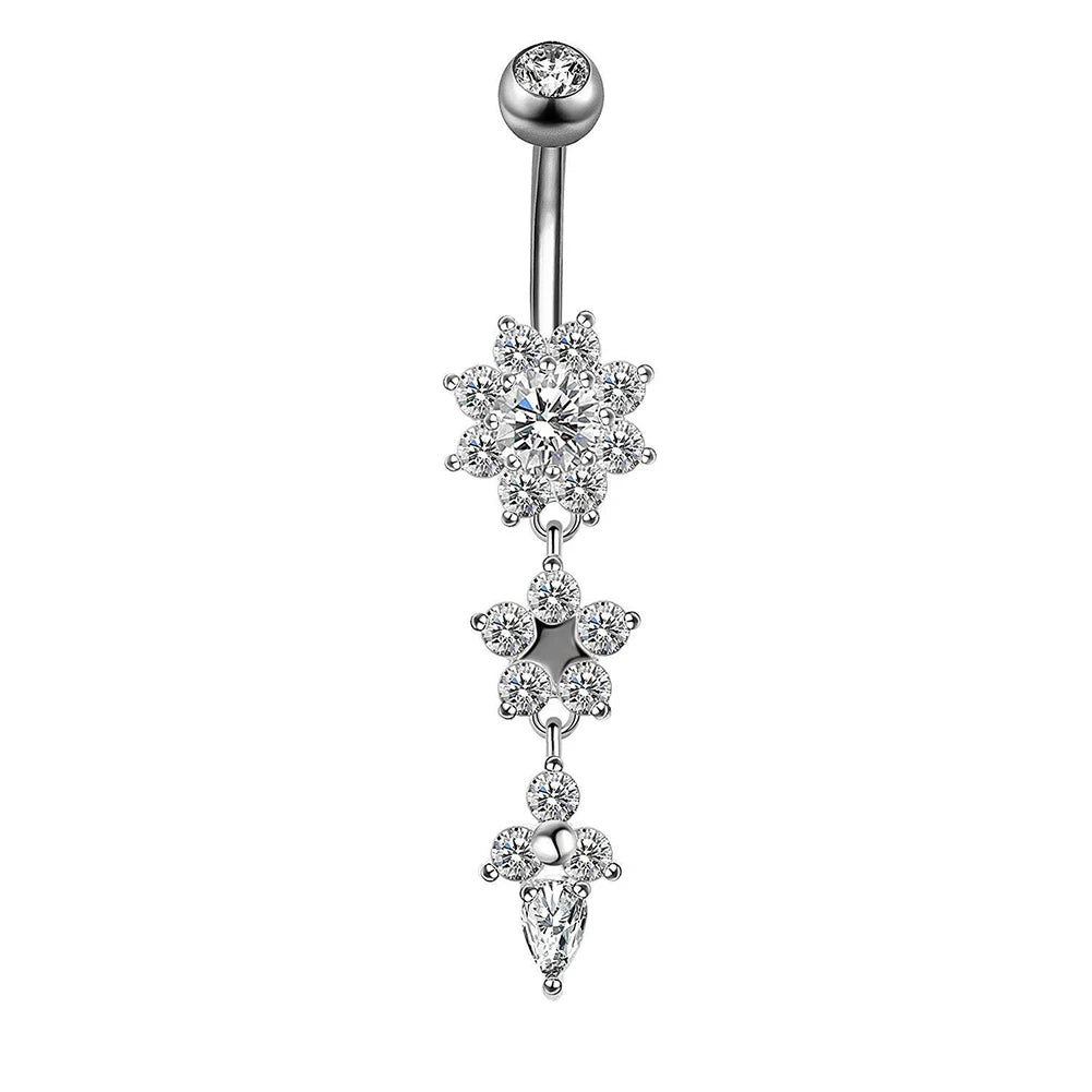 BLUELANS Rhinestone Double Cross Dangle Navel Ring – Surgical Steel Belly Button Piercing