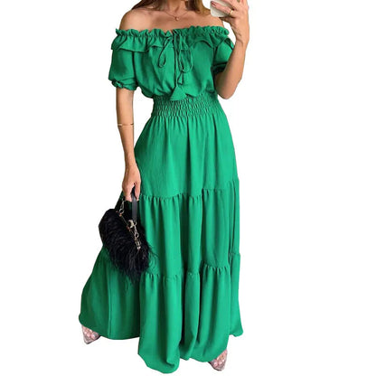 Spring Summer Women's New Dress, Women's Fashion Temperament, Ruffle Edge One Neck Short Sleeved Bubble Sleeve Dress