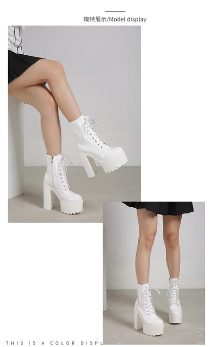 Ankle Boots Round Toe Block High Heel 14cm Platform Zipper Lace Up Plus Size 35-43 Party Booty Solid Platform Boots Ladies Shoes