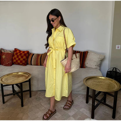 Casual Women's Lace Up Dress Single-Breasted Turn-Down Collar Short Sleeve Lady Dresses 2025 Spring Summer Loose Female Robe