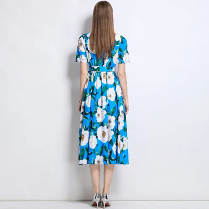 Slimming Rose Print Empire Waist Long Shirt Dress Women's Cross-Border Fashion Summer New Style Knee-Length Elegant Dress