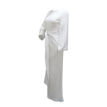 2024 Autumn Fashion Women's Leisure Elegant Maxi Dress Metal Buckle Retro Solid Long A-line Women's Dress Party Vestidos Robes