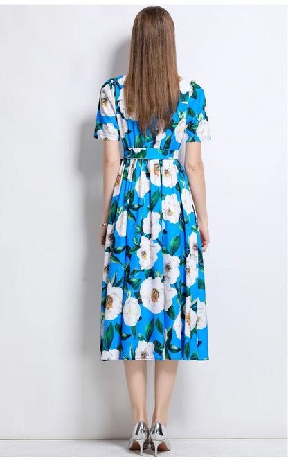 Slimming Rose Print Empire Waist Long Shirt Dress Women's Cross-Border Fashion Summer New Style Knee-Length Elegant Dress