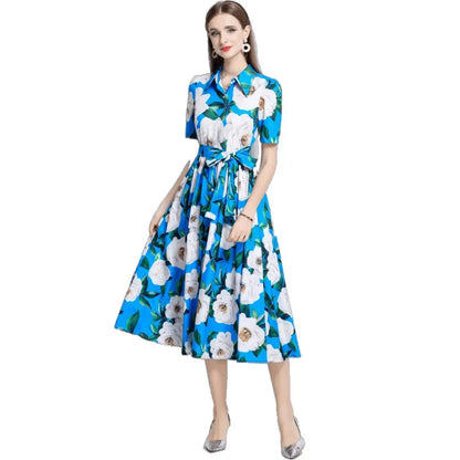 Slimming Rose Print Empire Waist Long Shirt Dress Women's Cross-Border Fashion Summer New Style Knee-Length Elegant Dress