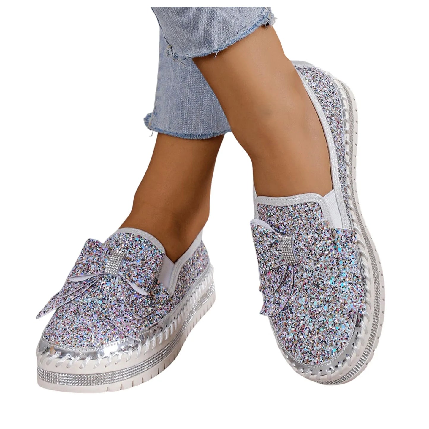Women'S Sneakers Women'S Fashion Sequin Bow Casual Shoes Slip On Casual Comfortable Shoes лоферы женские