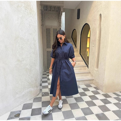 Casual Women's Lace Up Dress Single-Breasted Turn-Down Collar Short Sleeve Lady Dresses 2025 Spring Summer Loose Female Robe