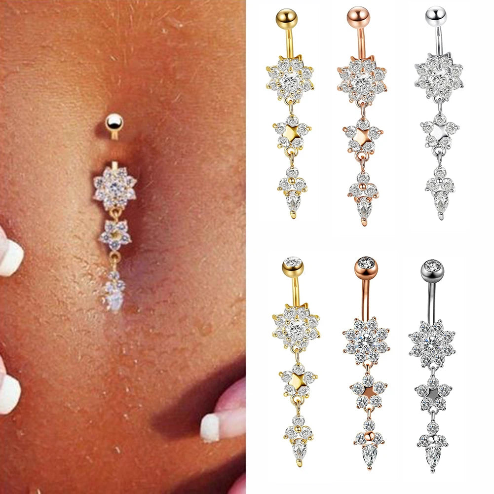 BLUELANS Rhinestone Double Cross Dangle Navel Ring – Surgical Steel Belly Button Piercing