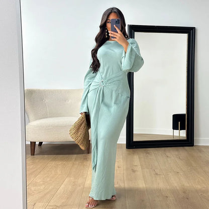 2024 Autumn Fashion Women's Leisure Elegant Maxi Dress Metal Buckle Retro Solid Long A-line Women's Dress Party Vestidos Robes
