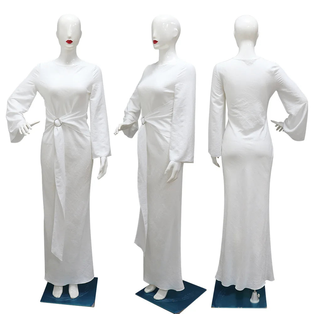 2024 Autumn Fashion Women's Leisure Elegant Maxi Dress Metal Buckle Retro Solid Long A-line Women's Dress Party Vestidos Robes