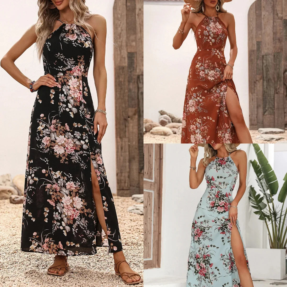 New Hot Sale Of The Season Spring Summer Floral Print Off-Shoulder Maxi Dress Sleeveless Gown Elegant Women's Fashion Long Eveni