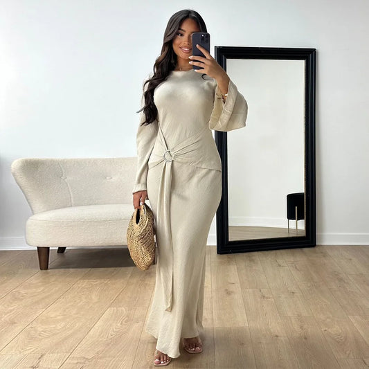 2024 Autumn Fashion Women's Leisure Elegant Maxi Dress Metal Buckle Retro Solid Long A-line Women's Dress Party Vestidos Robes