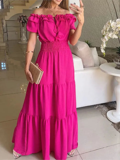 Spring Summer Women's New Dress, Women's Fashion Temperament, Ruffle Edge One Neck Short Sleeved Bubble Sleeve Dress