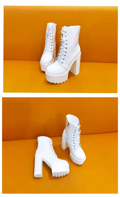 Ankle Boots Round Toe Block High Heel 14cm Platform Zipper Lace Up Plus Size 35-43 Party Booty Solid Platform Boots Ladies Shoes