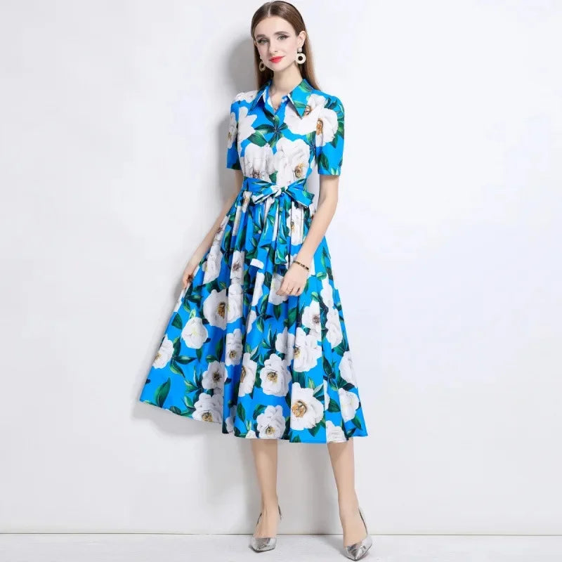 Slimming Rose Print Empire Waist Long Shirt Dress Women's Cross-Border Fashion Summer New Style Knee-Length Elegant Dress